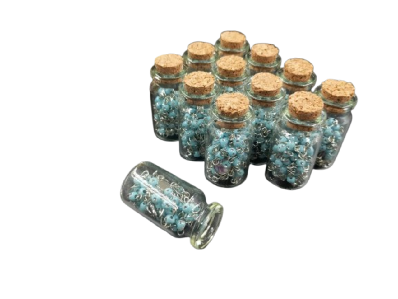 12 Rosary in Glass Bible Cross Blue Beads CATHOLIC Mary Crucifix Necklace Bottle